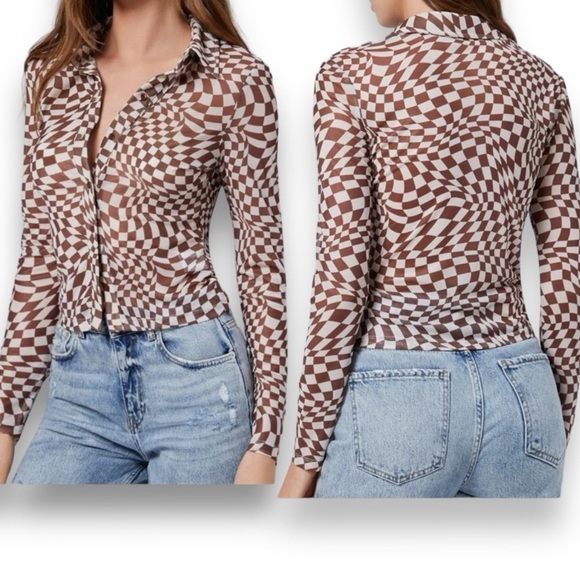 Mesh Top Checkered Sheer Long Sleeve Button Down Shirt S/M - Picture 1 of 9